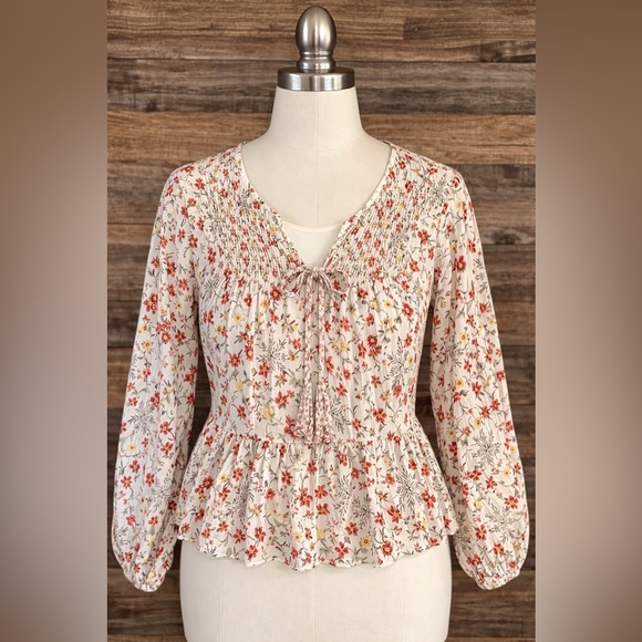 Buckle Tops - Buckle Black Floral Boho Peplum Blouse Tassel Tie Smocked Top XS